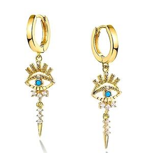 Gold 14K Evil Eye Hoop Zircon Drop Dangling Minimalist Earrings